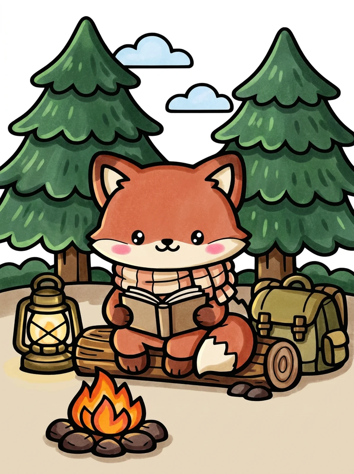 Fox Reading by a Campfire coloring page, colored in
