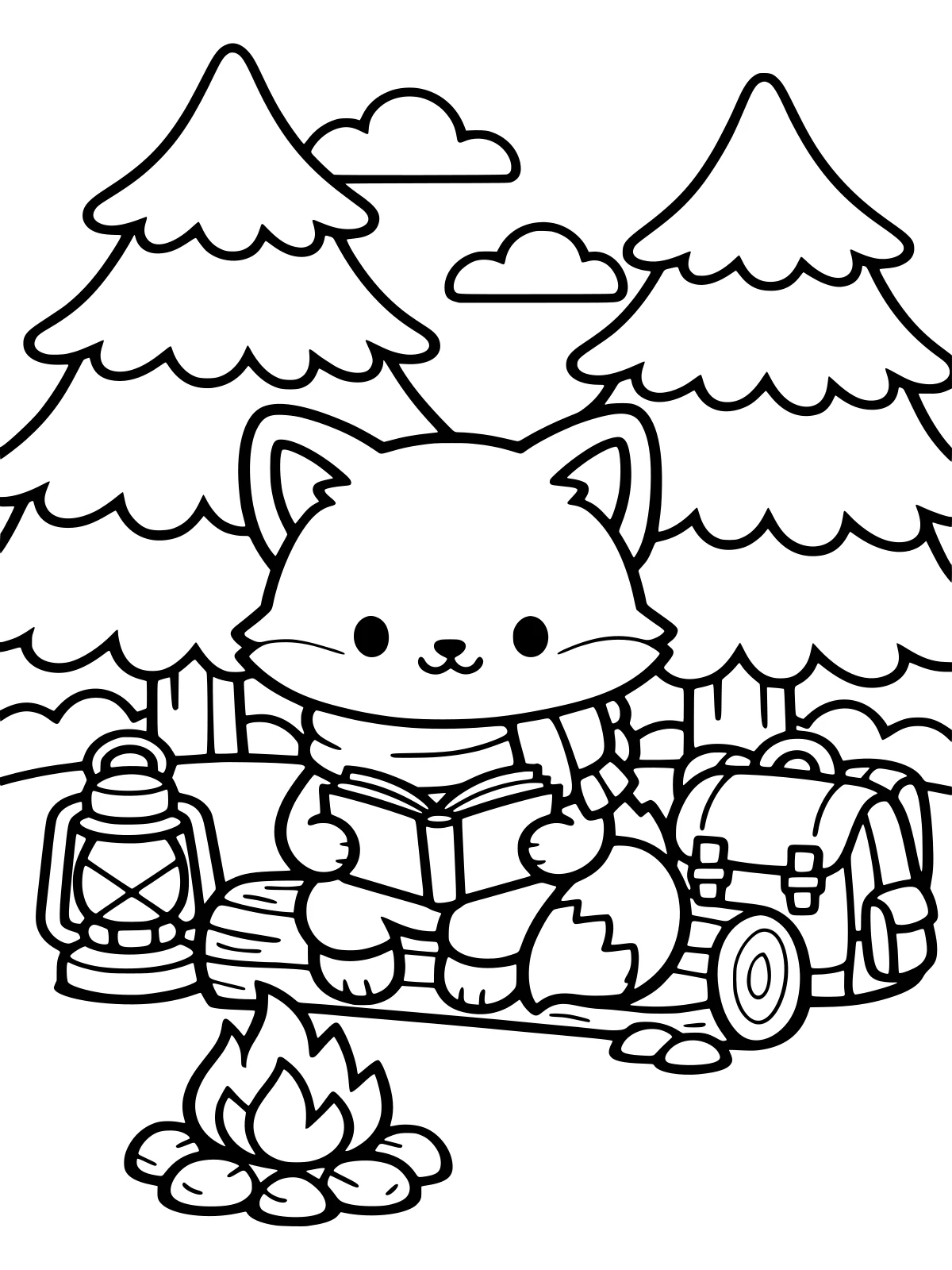 Fox Reading by a Campfire coloring page: a cute fox in a scarf reads a book on a log by a small campfire, with a lantern, a backpack and two big pine trees, bold and easy line art