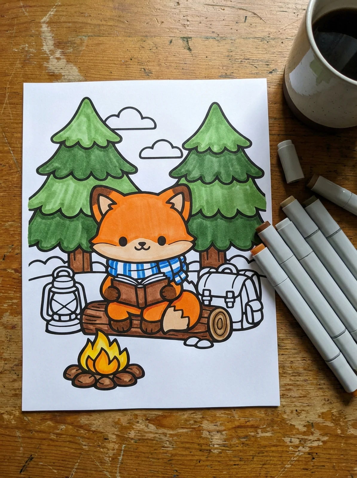 Fox Reading by a Campfire coloring page printed and half colored with markers