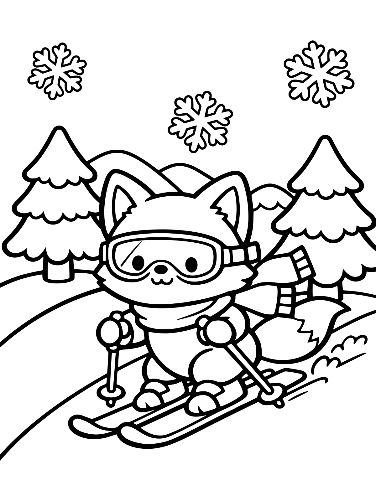Fox Skiing Down a Snowy Hill coloring page: a cute fox in goggles and a scarf skis down a snowy slope past two big pine trees, with rounded mountains behind, bold and easy line art