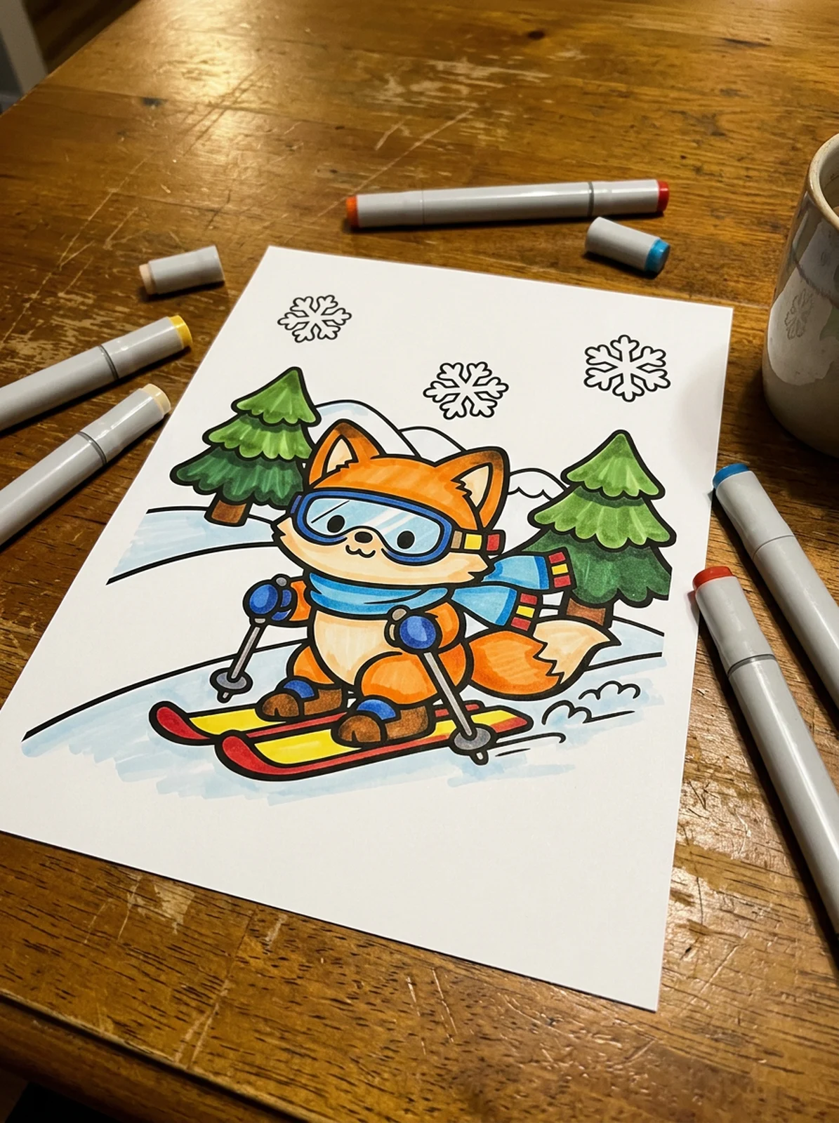 Fox Skiing Down a Snowy Hill coloring page printed and half colored with markers