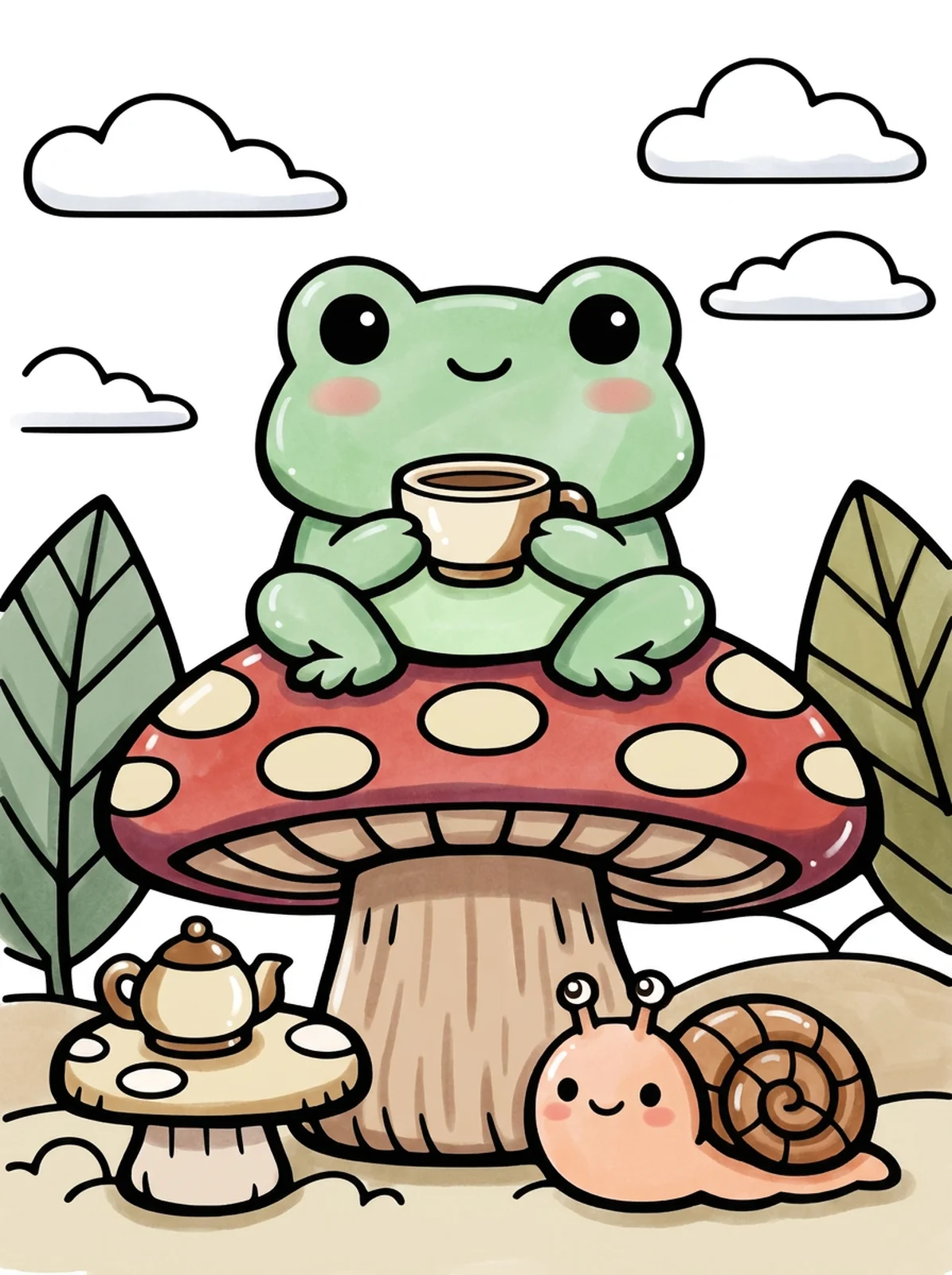 Frog Having Tea on a Toadstool coloring page, colored in