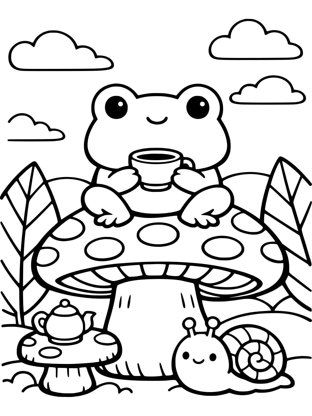Frog Having Tea on a Toadstool coloring page: a little frog sips tea on a big toadstool, with a tiny teapot on a mushroom table and a snail friend visiting, bold and easy line art
