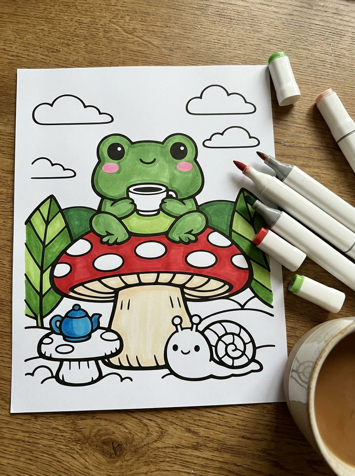 Frog Having Tea on a Toadstool coloring page printed and half colored with markers