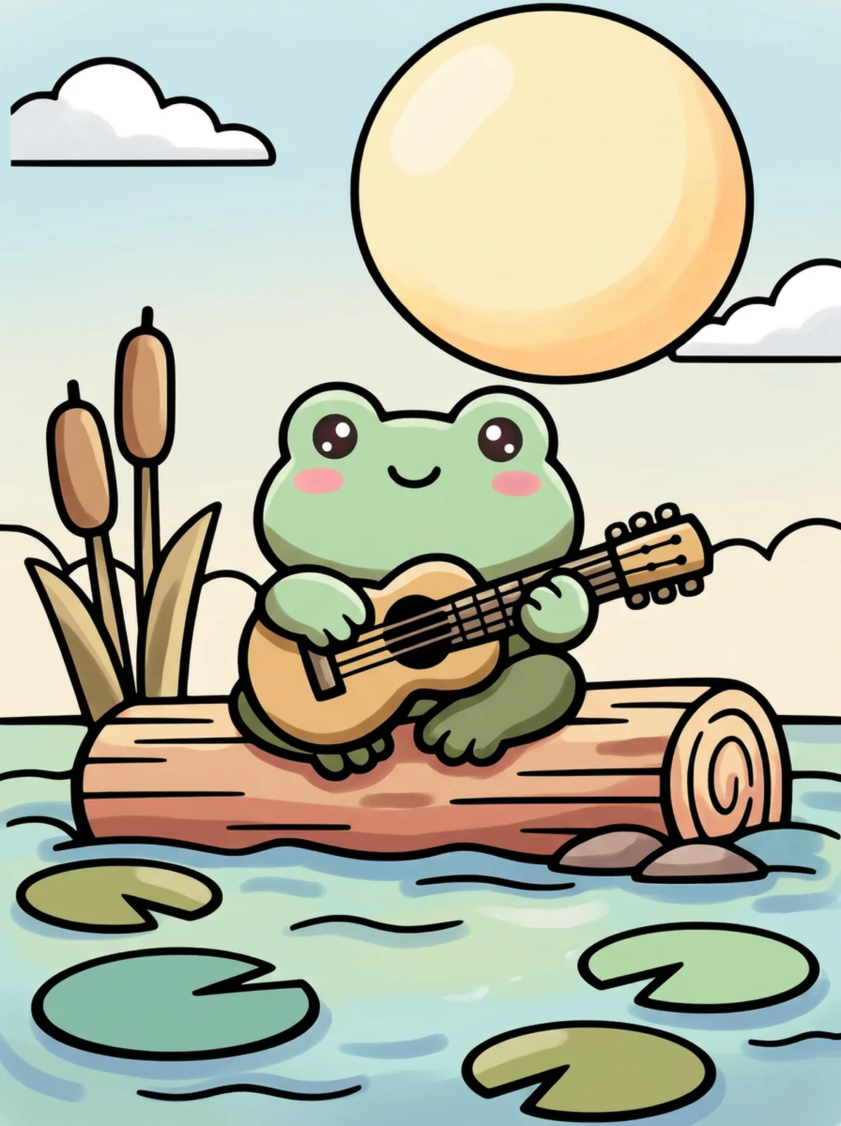 Frog Playing Guitar on a Log coloring page, colored in
