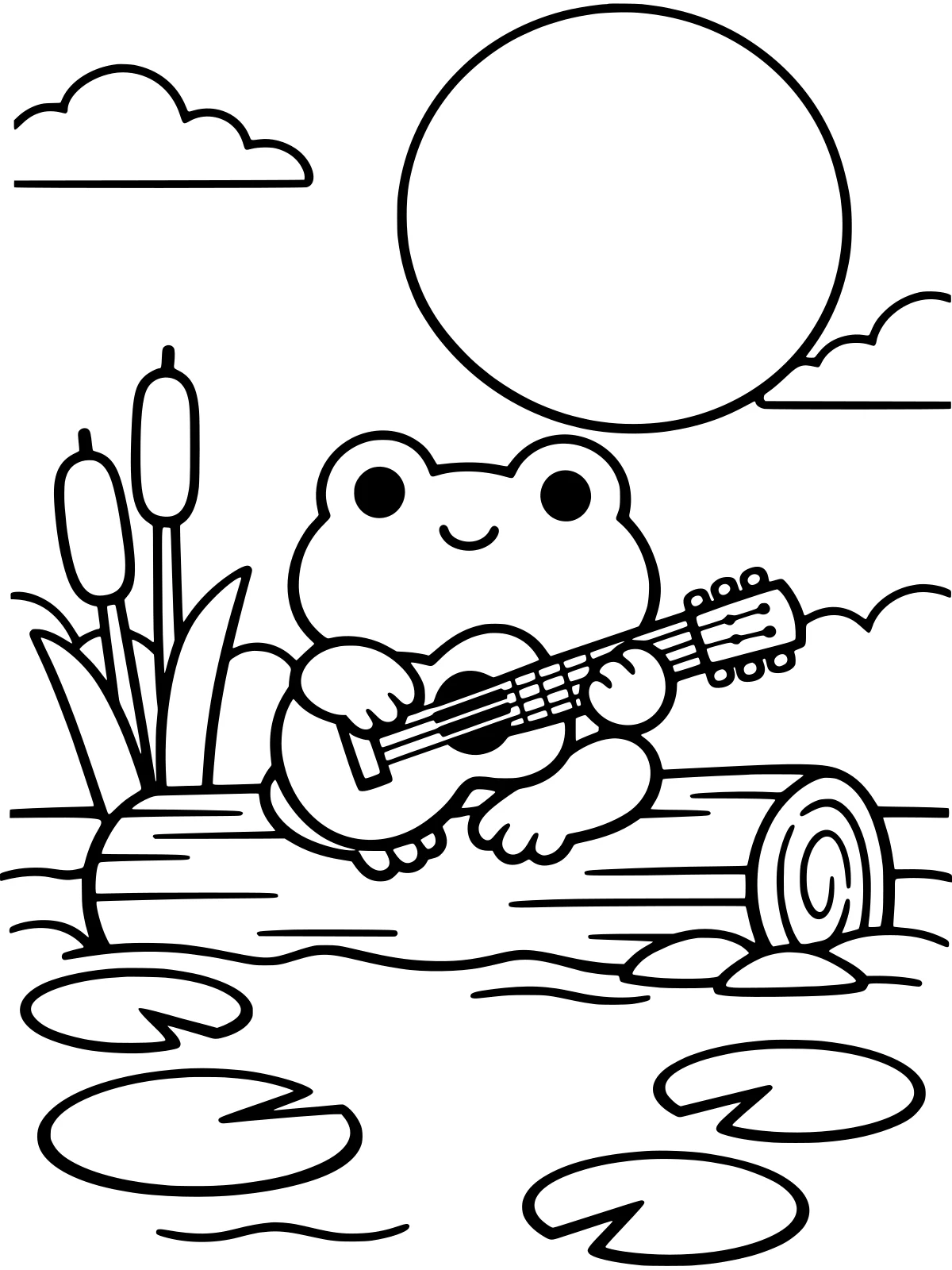 Frog Playing Guitar on a Log coloring page: a happy frog strums a guitar on a big log by the pond, with cattails, lily pads and a big moon rising behind, bold and easy line art