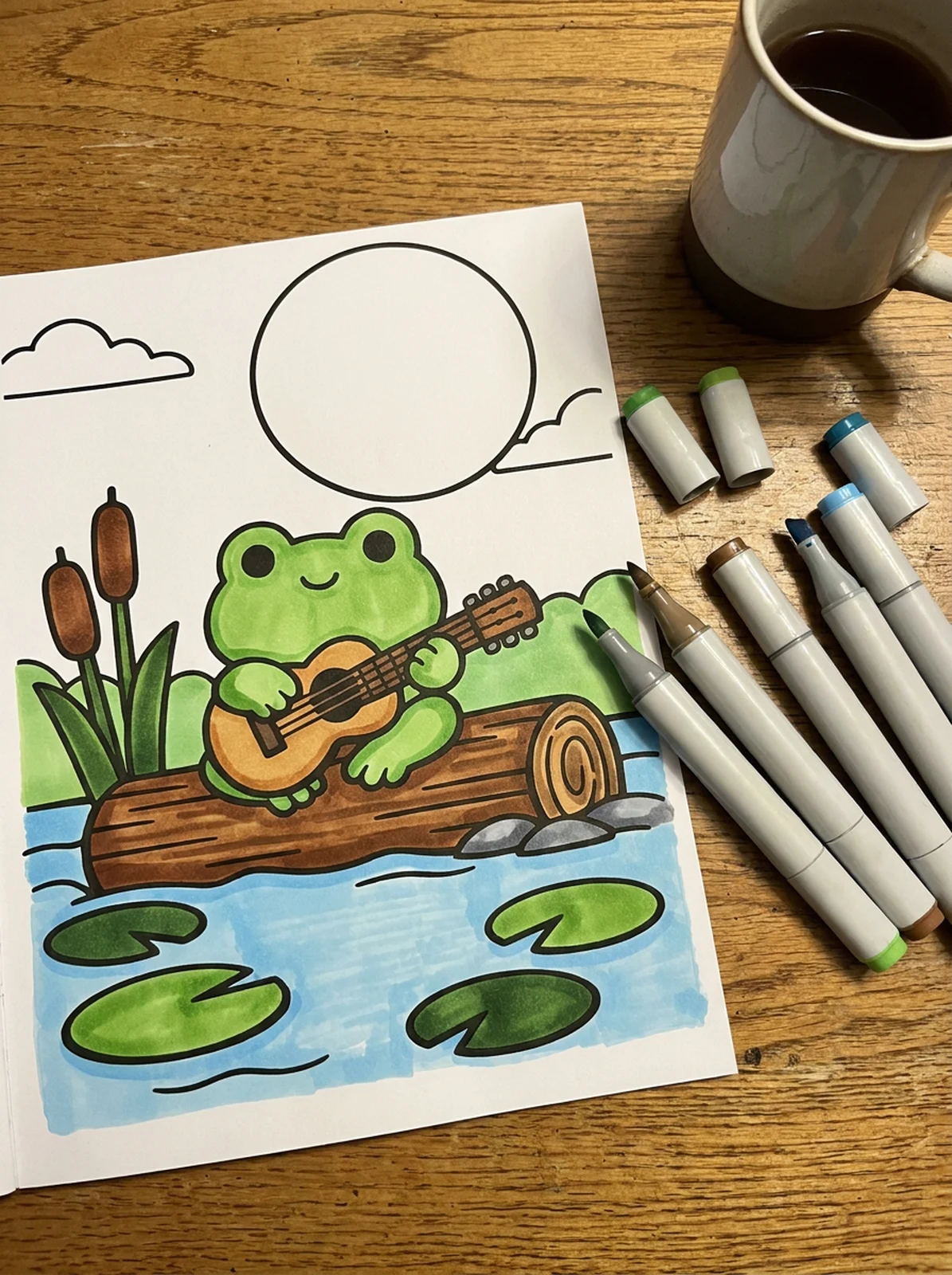 Frog Playing Guitar on a Log coloring page printed and half colored with markers