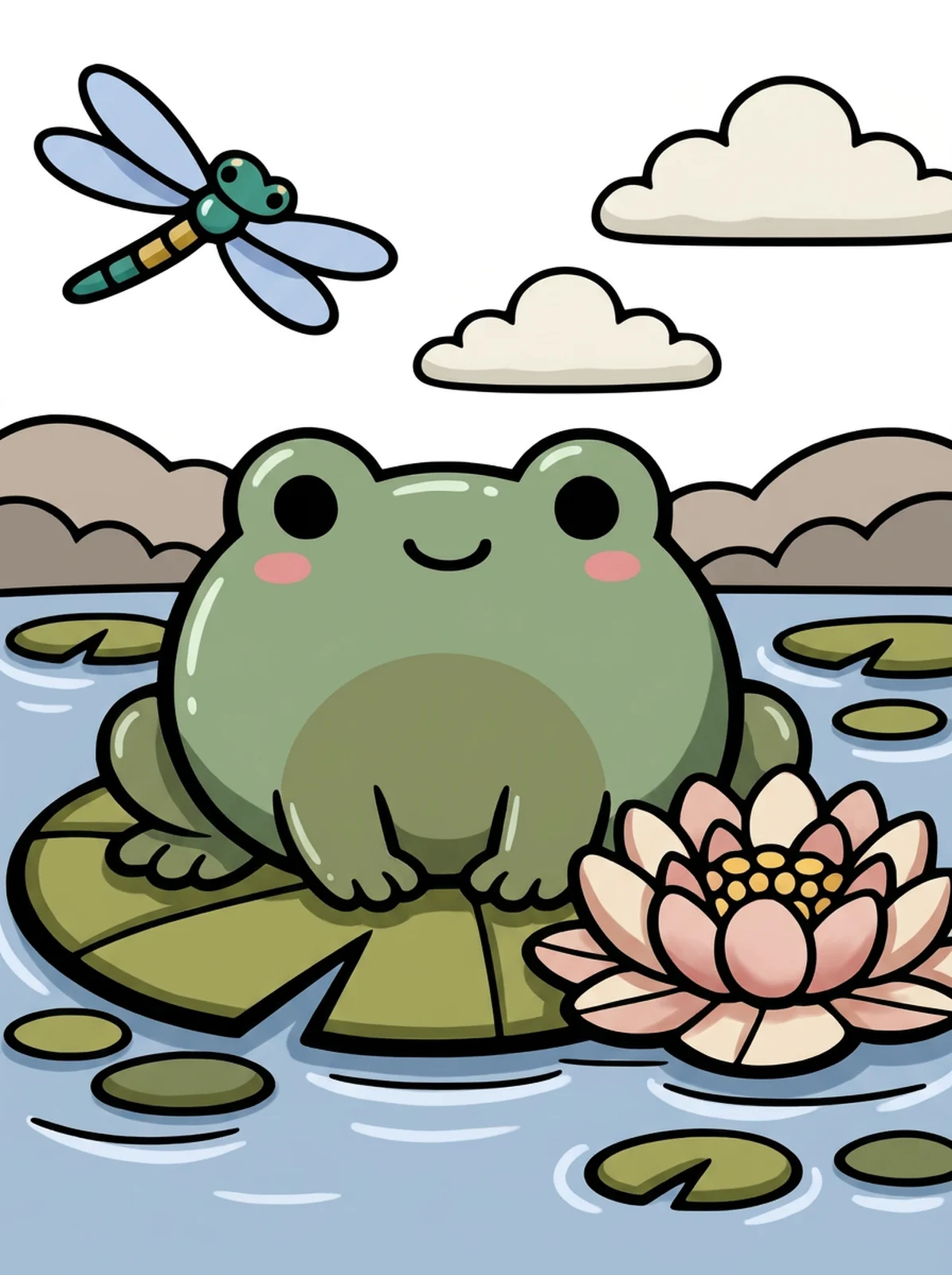 Frog Sitting on a Lily Pad coloring page, colored in