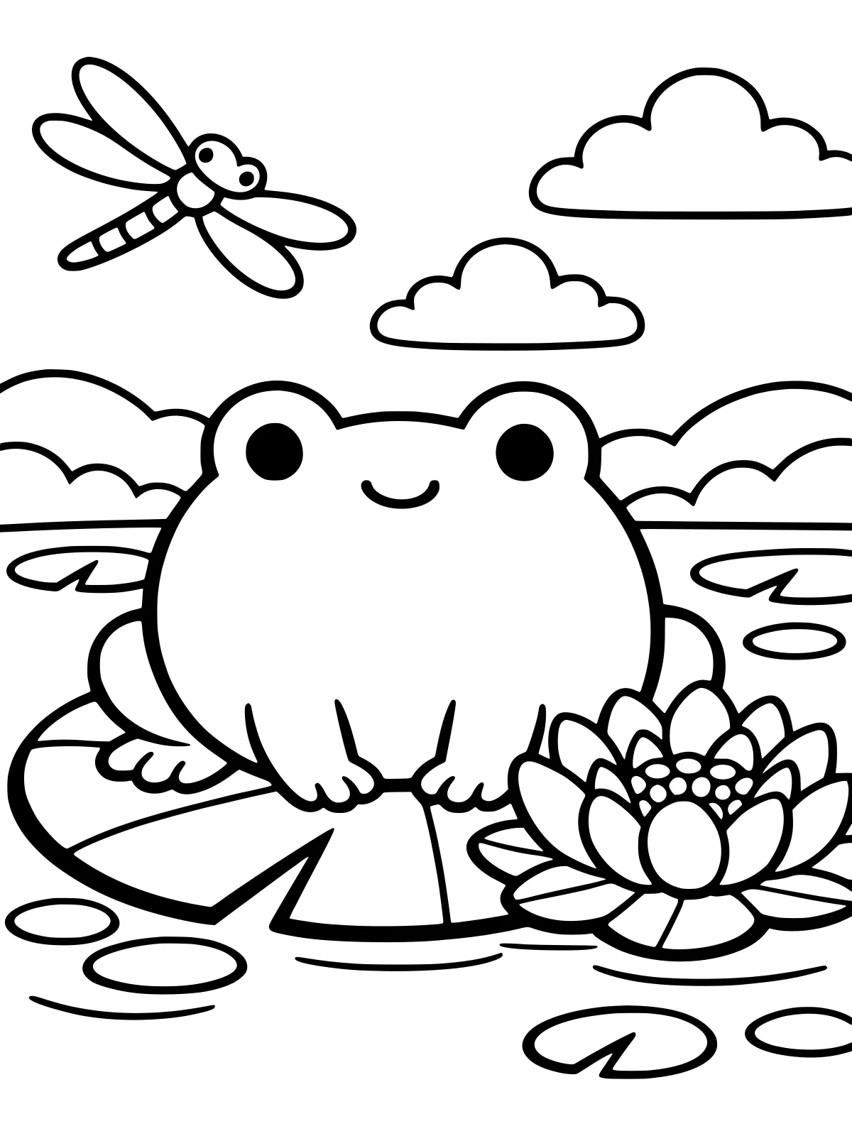 Frog Sitting on a Lily Pad coloring page: a round smiling frog sits on a big lily pad next to a big water lily flower, with a dragonfly hovering above, bold and easy line art