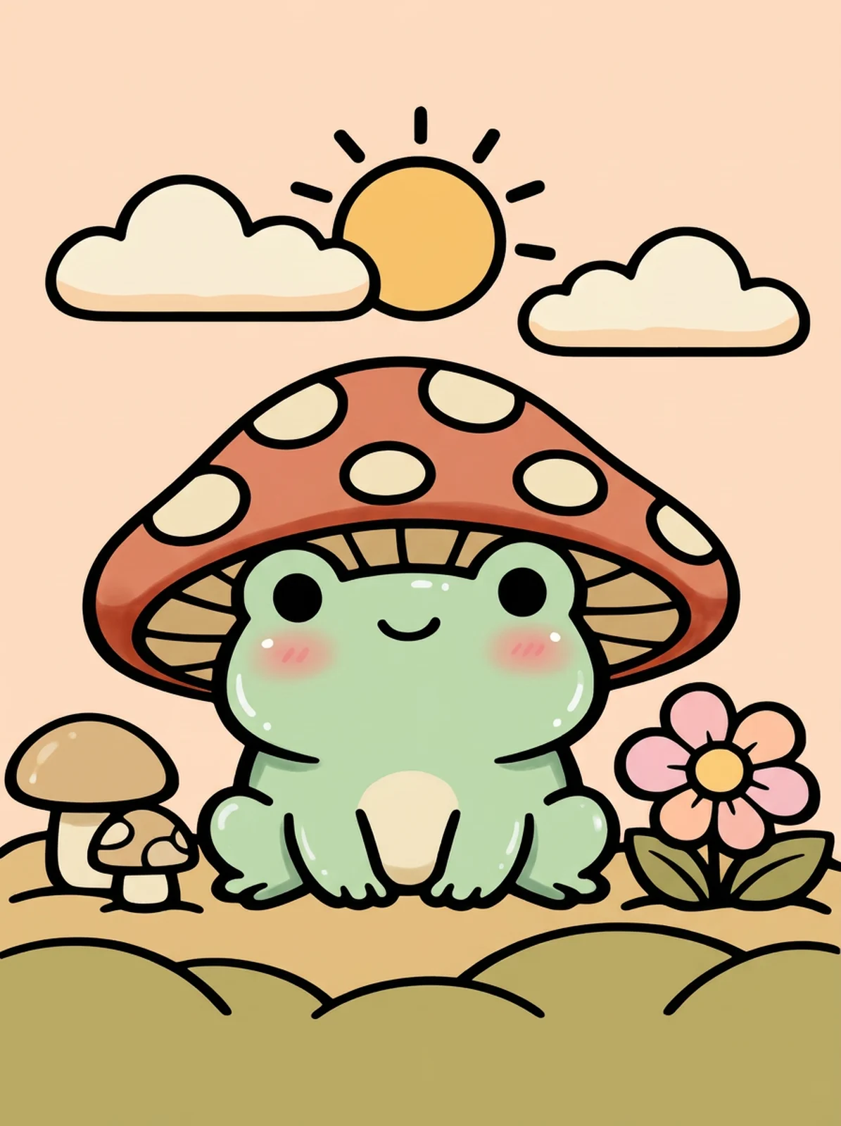 Frog Wearing a Mushroom Hat coloring page, colored in