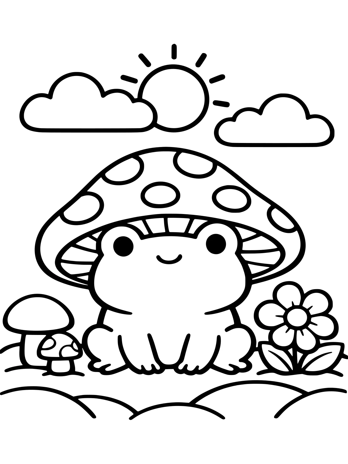 Frog Wearing a Mushroom Hat coloring page: a cute frog wears a big spotted mushroom cap as a hat, sitting between two small mushrooms and a flower, bold and easy line art