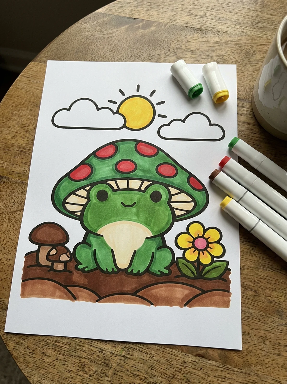 Frog Wearing a Mushroom Hat coloring page printed and half colored with markers