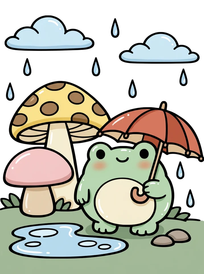 Frog with an Umbrella in the Rain coloring page, colored in