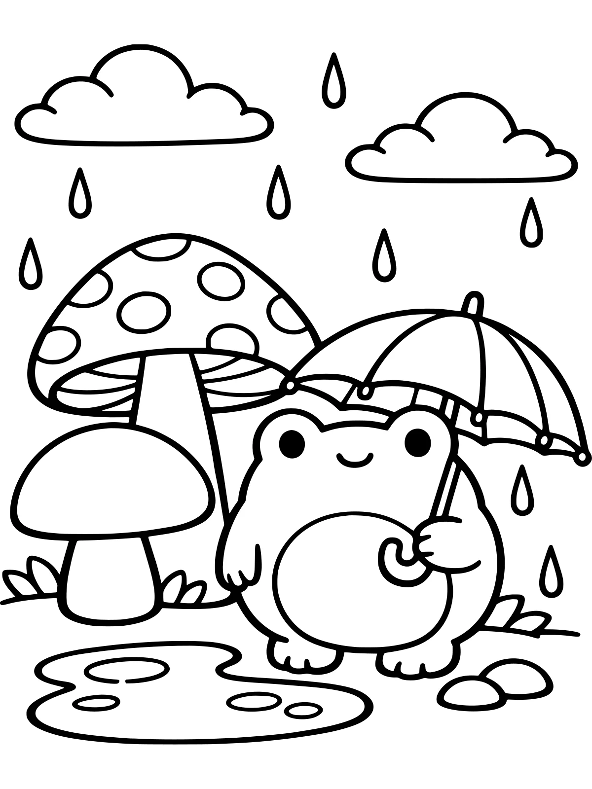 Blank bold and easy coloring page of a frog with an umbrella in the rain