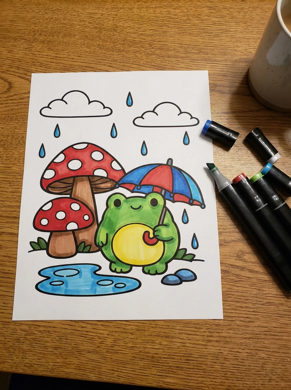 A printed bold and easy coloring page of a frog with an umbrella in the rain, partly colored with markers