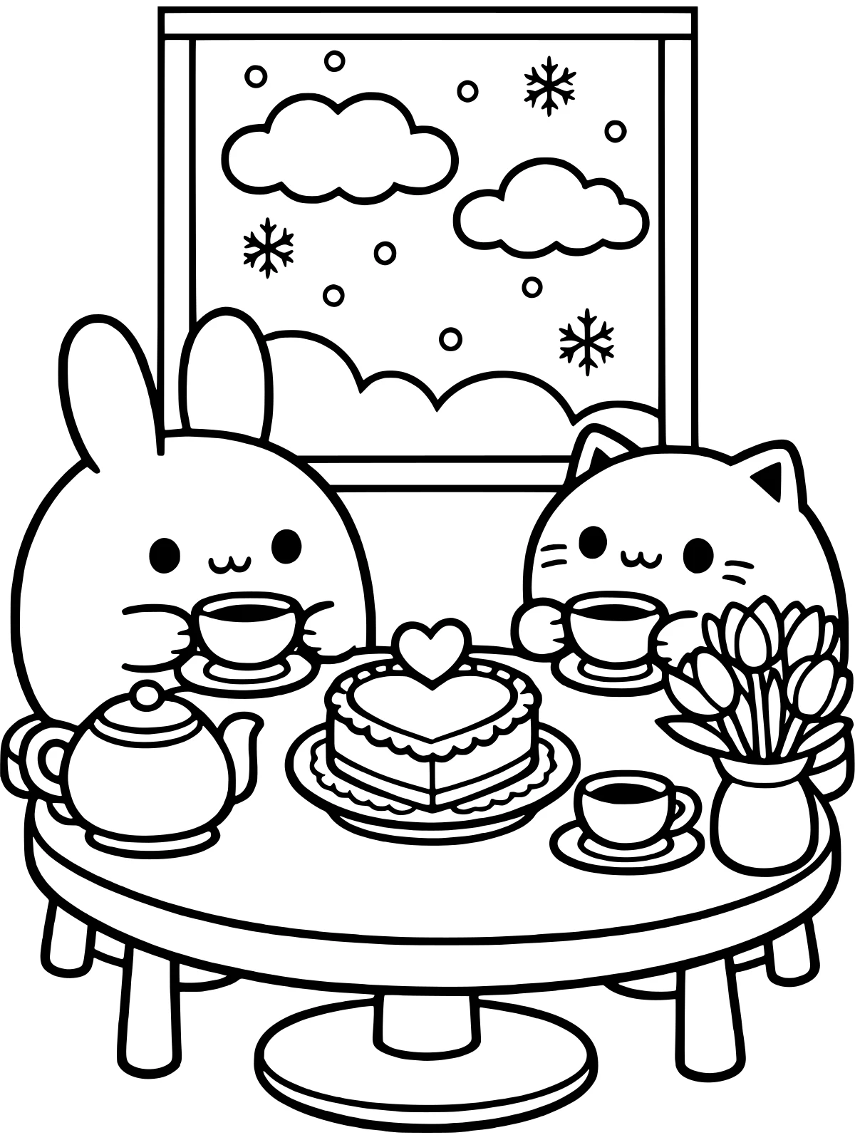 Galentine's Day Tea with Best Friends coloring page: best friends, a bunny and a cat, share tea and a heart-shaped cake at a little table with a teapot and a vase of tulips, bold and easy line art