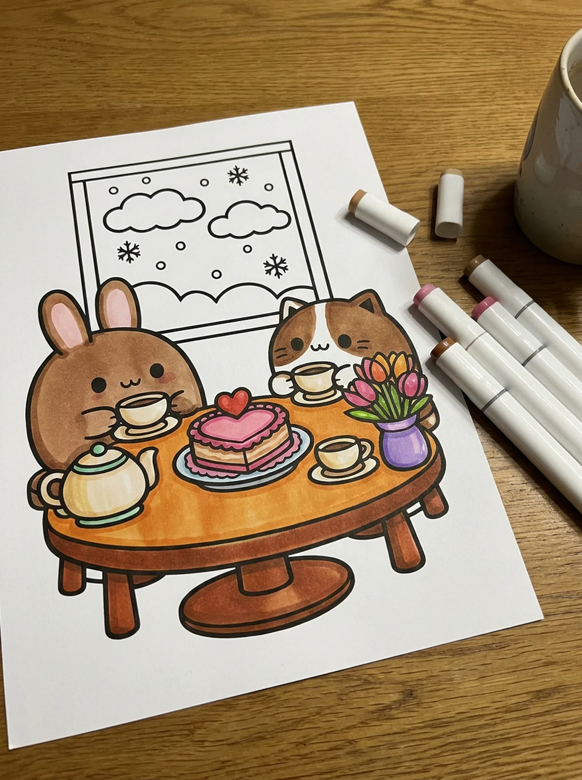 Galentine's Day Tea with Best Friends coloring page printed and half colored with markers