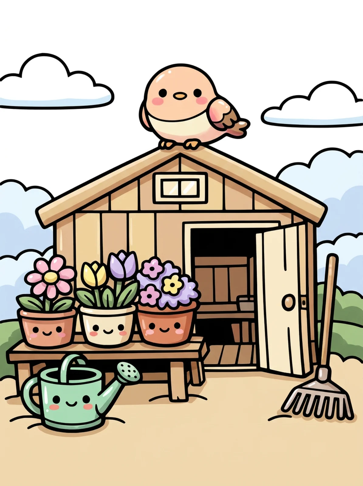 Garden Potting Shed with Flower Pots coloring page, colored in
