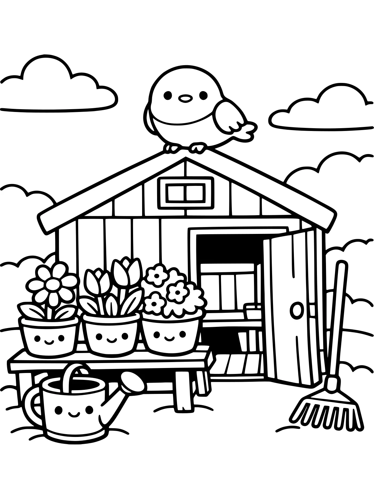 Garden Potting Shed with Flower Pots coloring page: a small garden shed with an open door, a potting bench with three flower pots, a watering can, a rake and a little robin, bold and easy line art