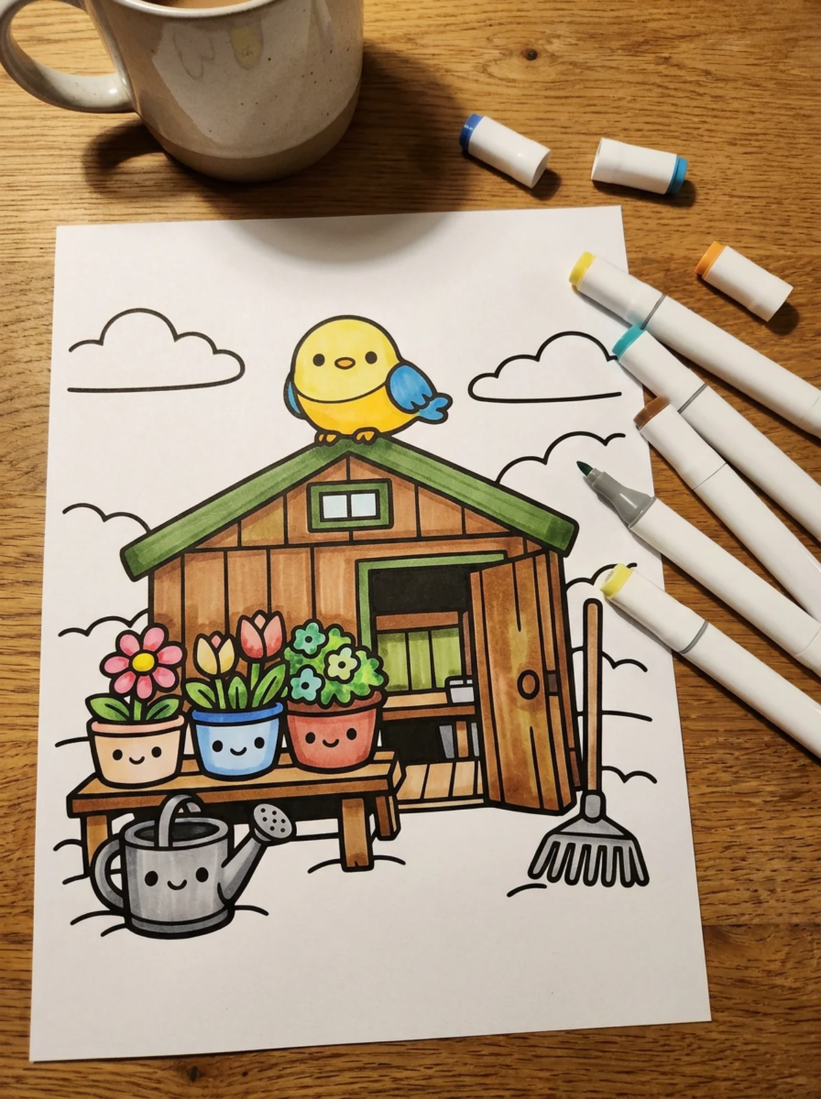 Garden Potting Shed with Flower Pots coloring page printed and half colored with markers