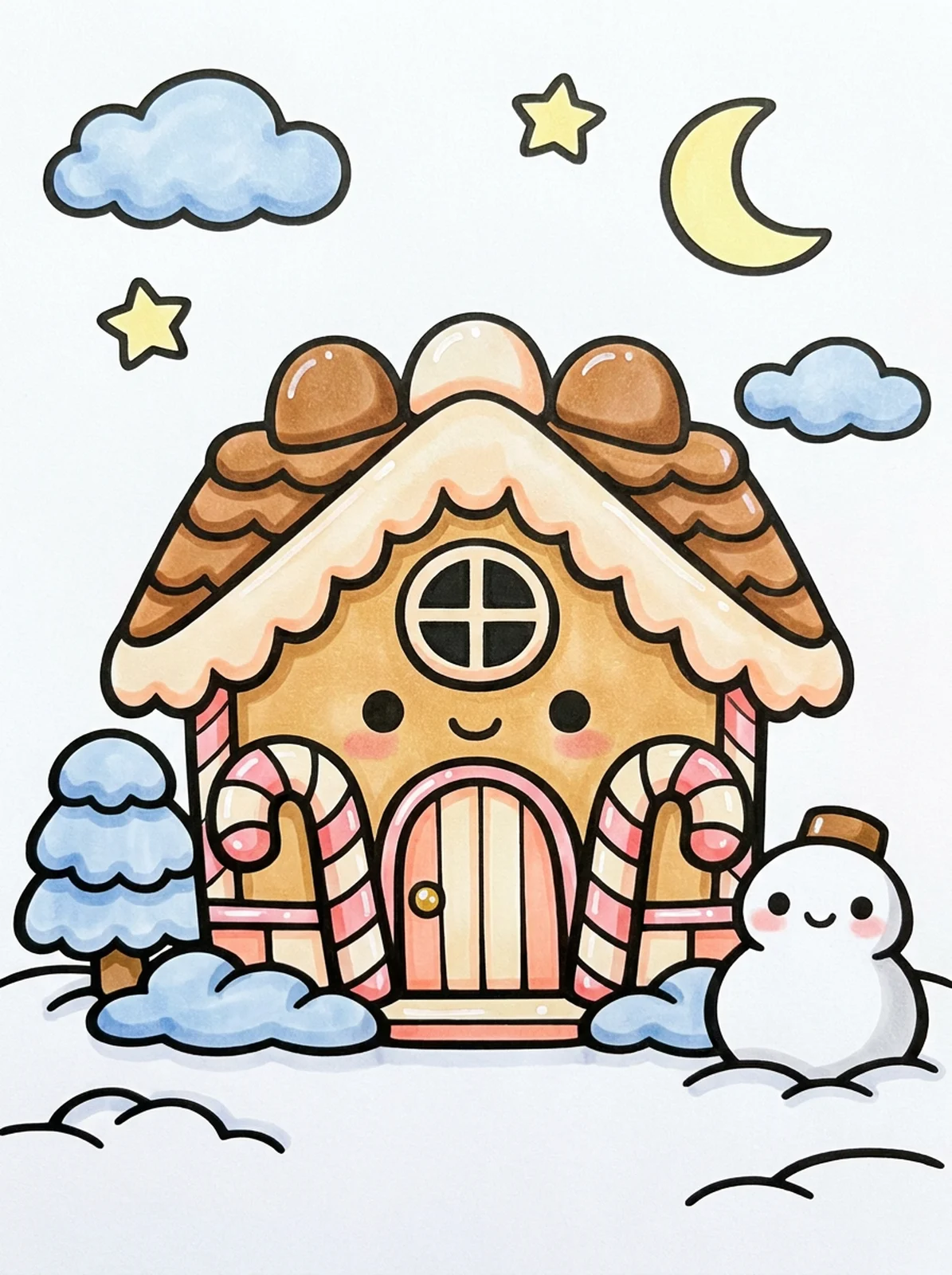 Gingerbread Cottage with Candy Canes coloring page, colored in