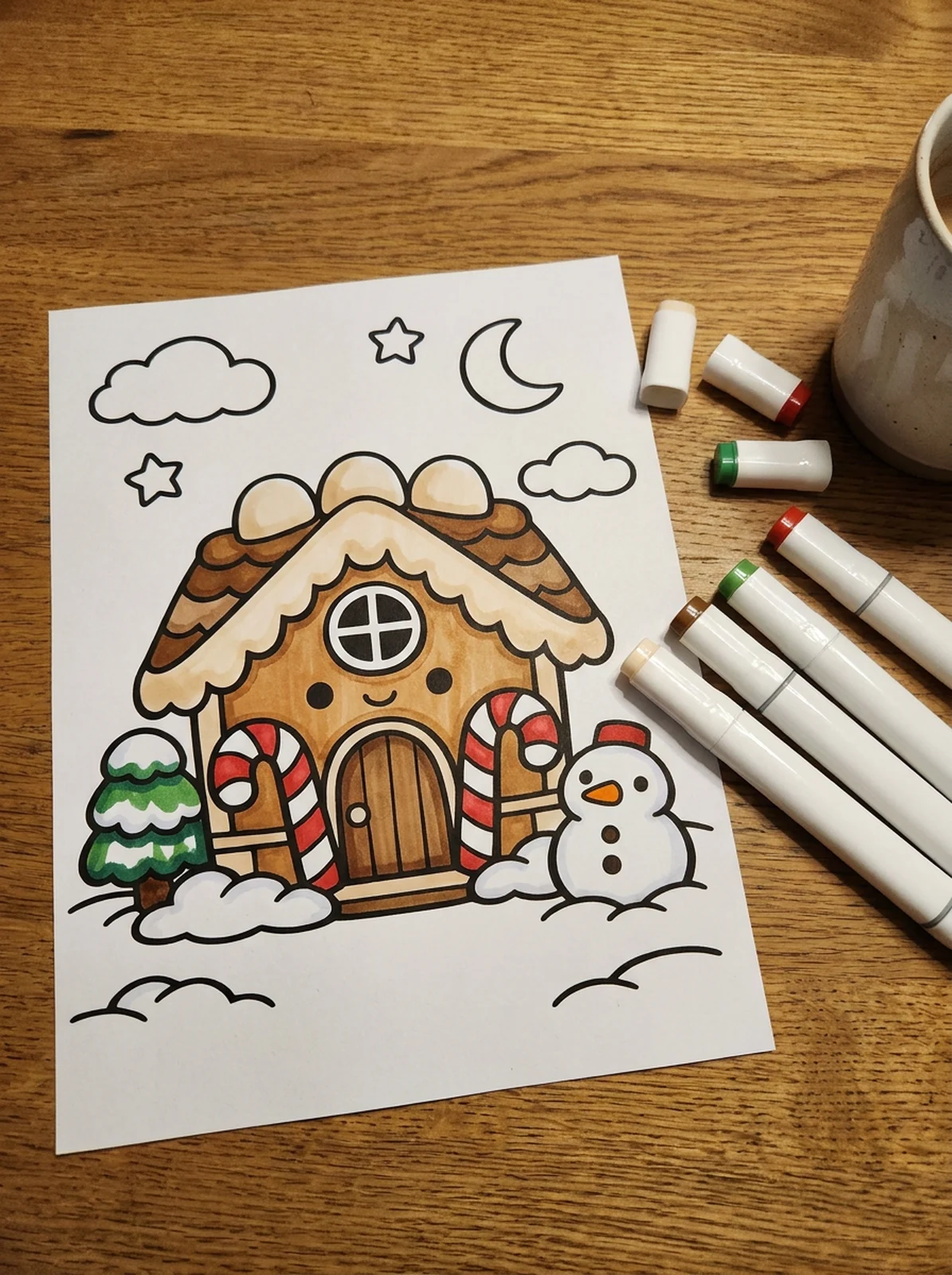 Gingerbread Cottage with Candy Canes coloring page printed and half colored with markers