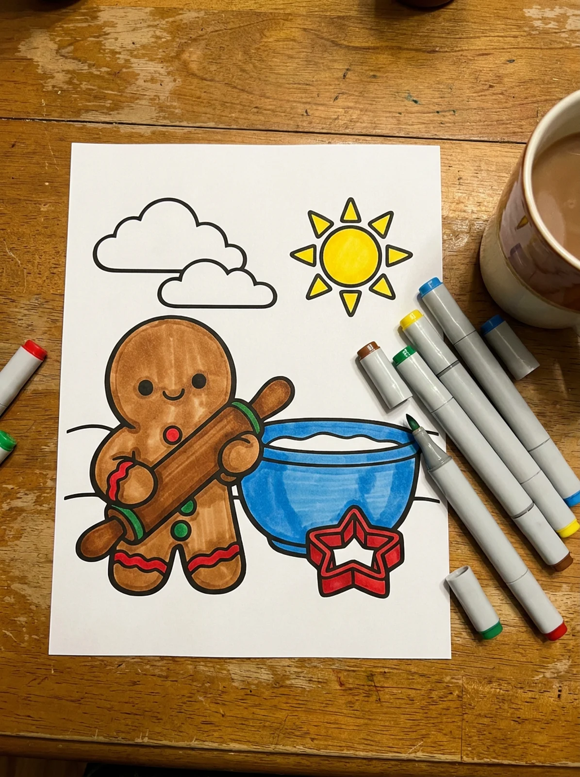 Gingerbread Man with a Rolling Pin coloring page printed and half colored with markers
