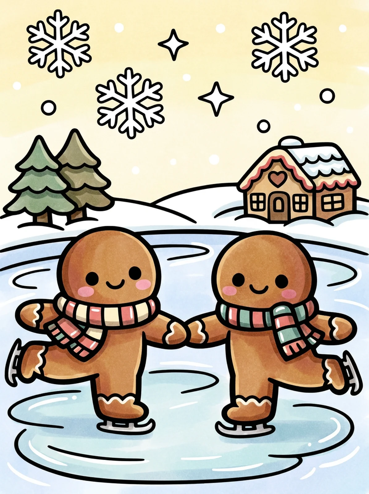Gingerbread Men Ice Skating coloring page, colored in