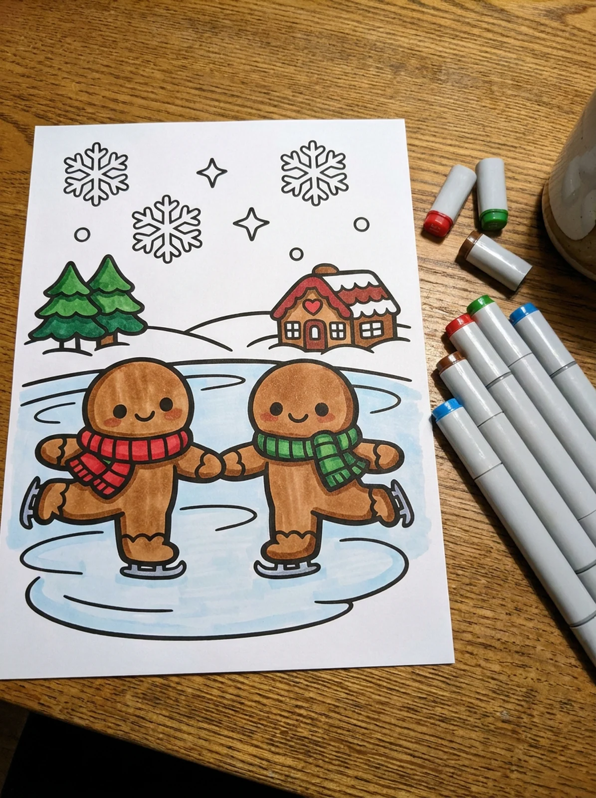 Gingerbread Men Ice Skating coloring page printed and half colored with markers