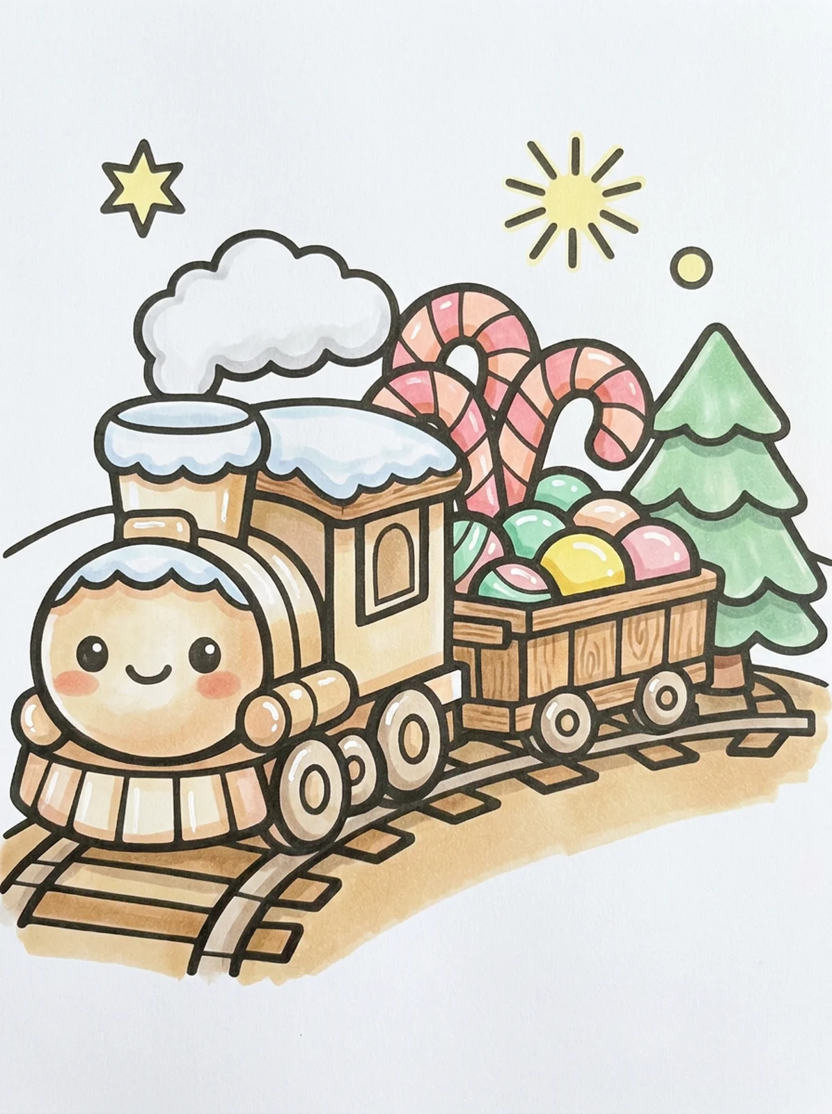 Gingerbread Train with Candy coloring page, colored in
