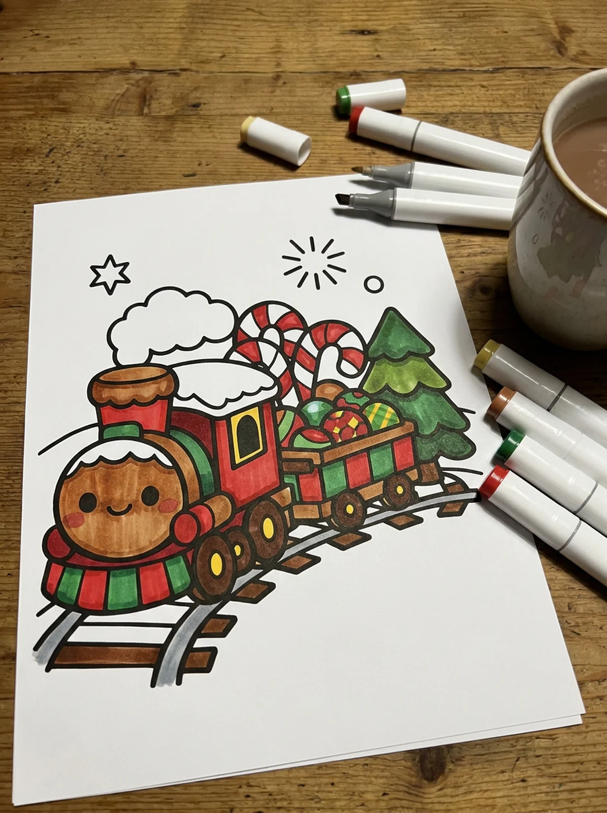Gingerbread Train with Candy coloring page printed and half colored with markers