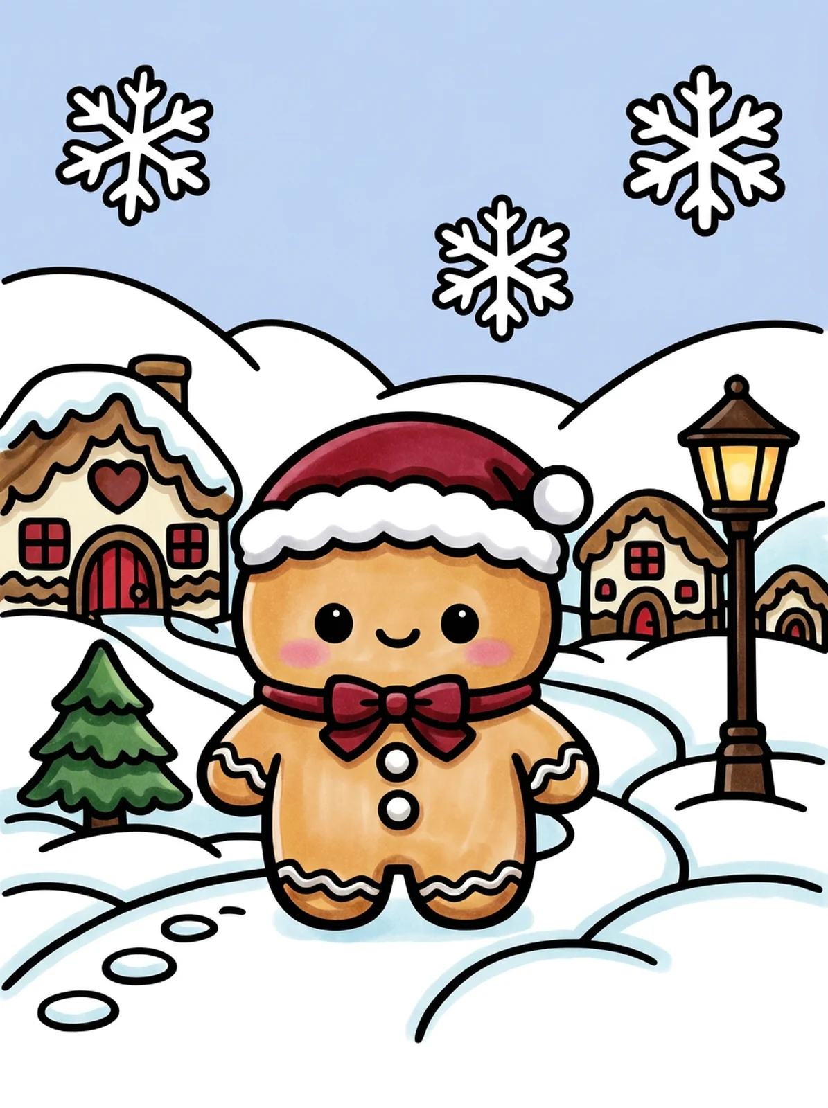 Gingerbread Village in the Snow coloring page, colored in