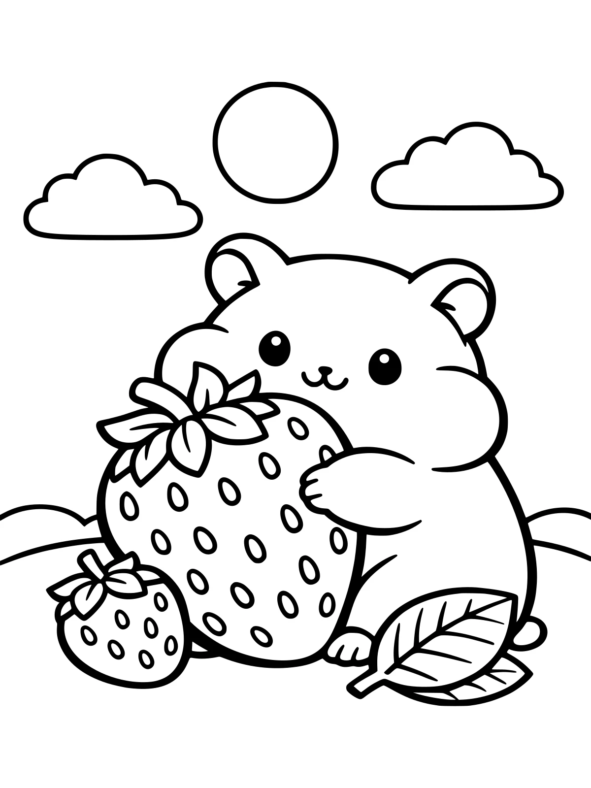 Hamster with a Big Strawberry coloring page: a chubby hamster with full cheeks hugs a big strawberry, with a small strawberry and a leaf beside it, bold and easy line art