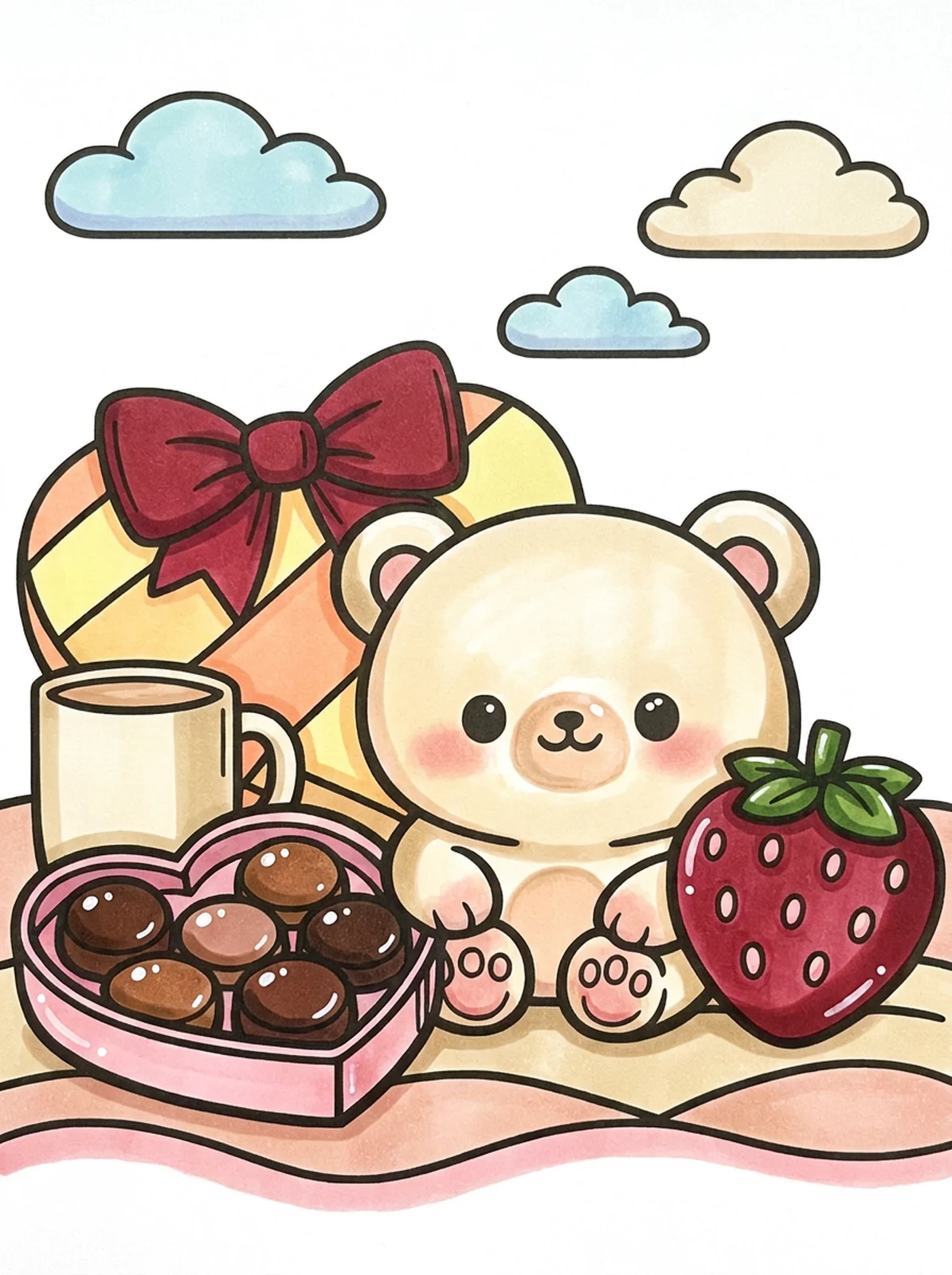 Heart-Shaped Box of Chocolates coloring page, colored in