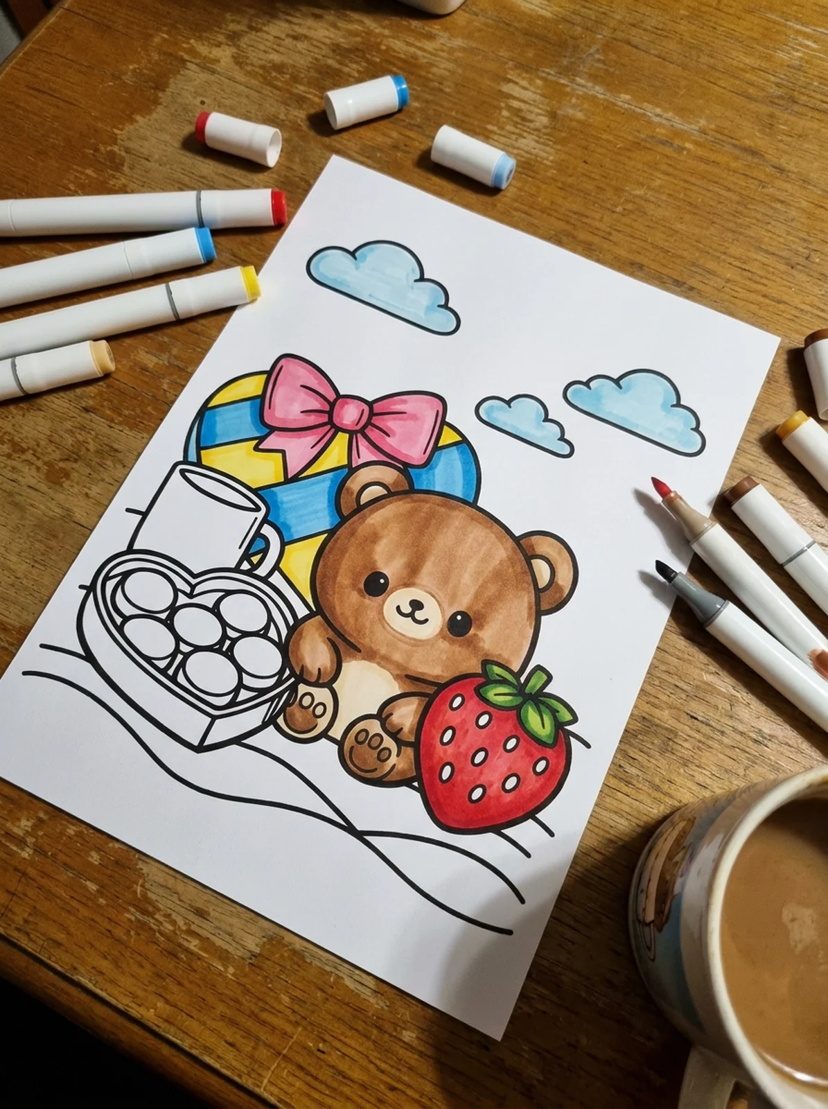 Heart-Shaped Box of Chocolates coloring page printed and half colored with markers