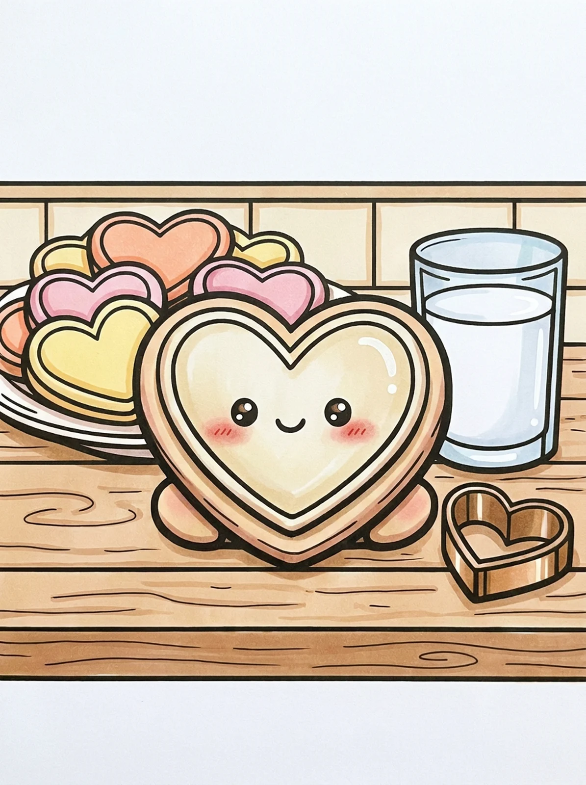 Heart-Shaped Cookies on a Plate coloring page, colored in