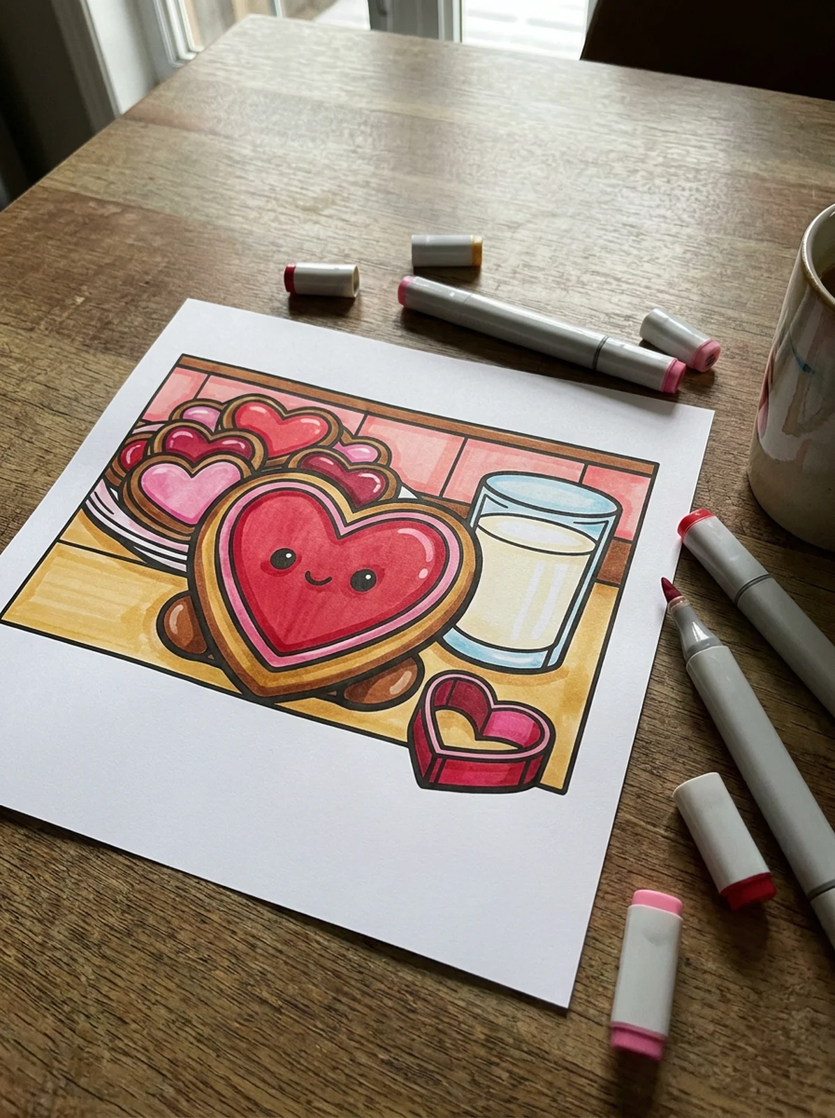 Heart-Shaped Cookies on a Plate coloring page printed and half colored with markers