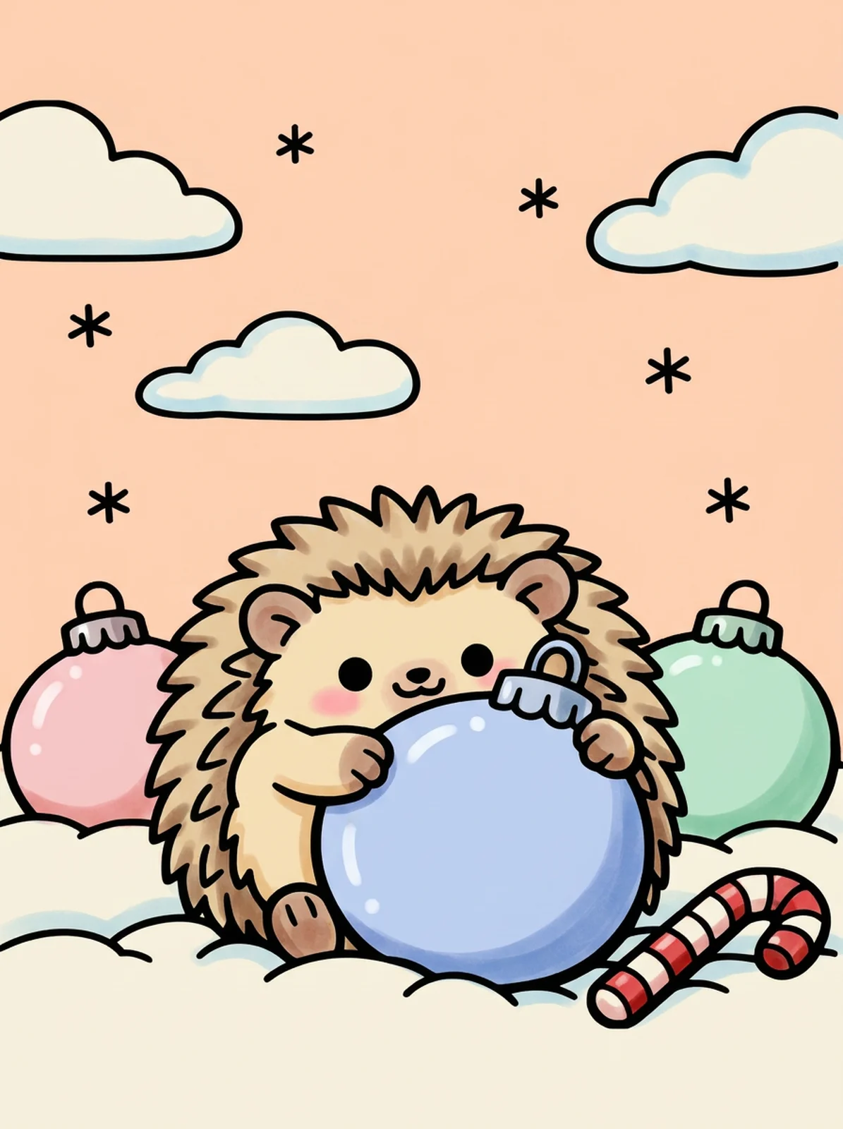 Hedgehog Hugging a Christmas Ornament coloring page, colored in