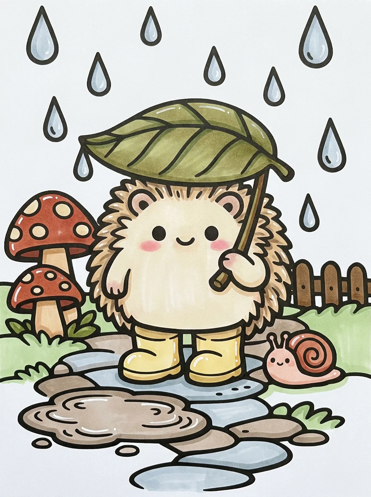 Hedgehog in Rain Boots coloring page, colored in