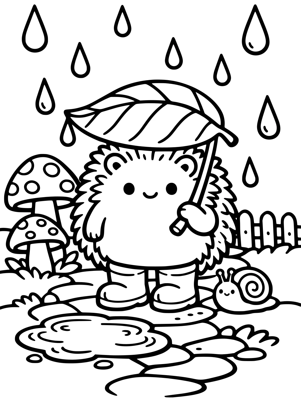 Hedgehog in Rain Boots coloring page: a round hedgehog in big rain boots holds a leaf umbrella on a rainy garden path, with a puddle, two mushrooms, a snail and a fence, bold and easy line art