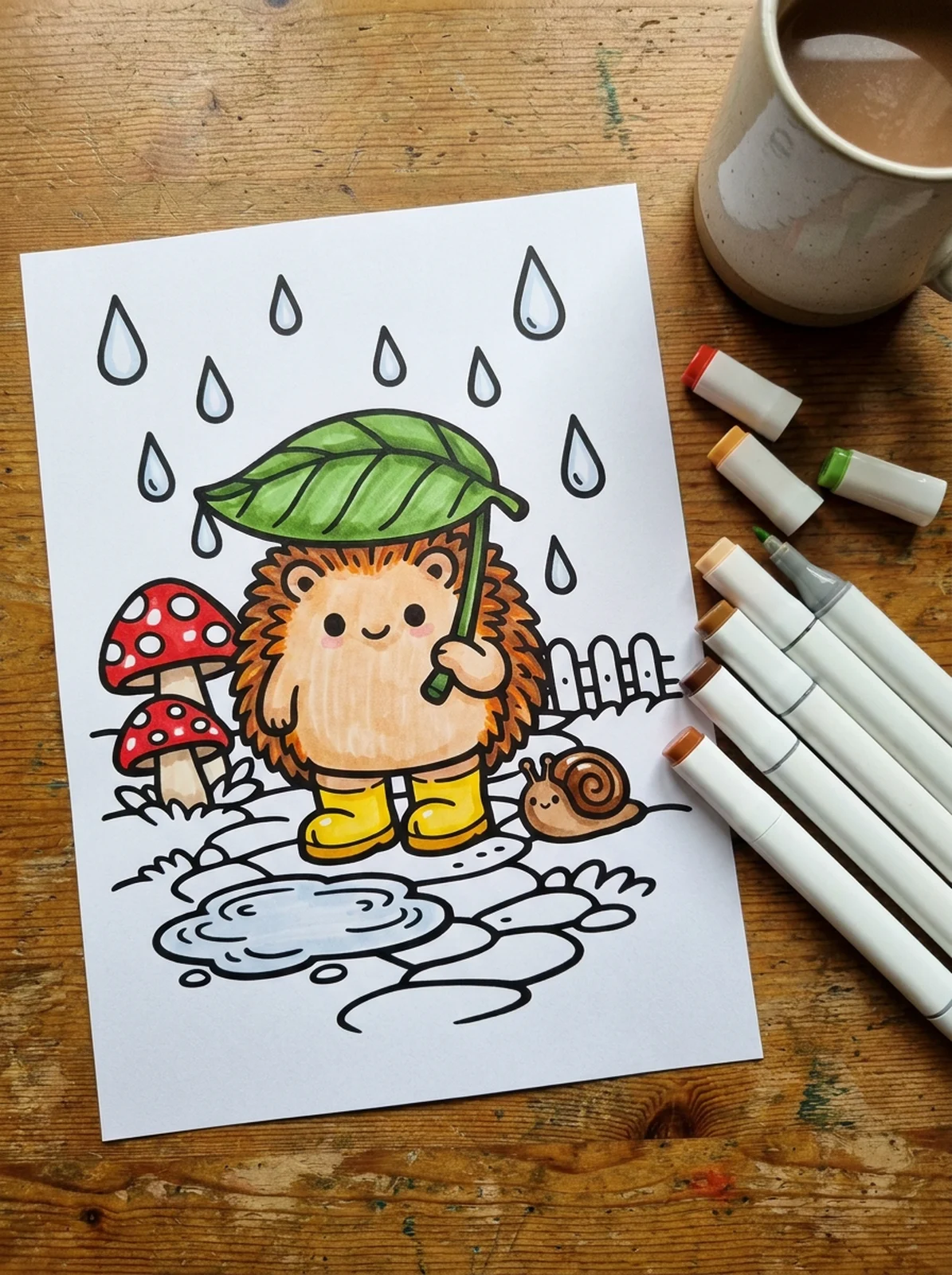 Hedgehog in Rain Boots coloring page printed and half colored with markers