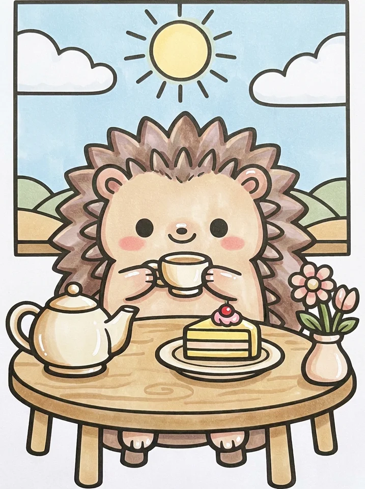 Hedgehog Tea Party coloring page, colored in