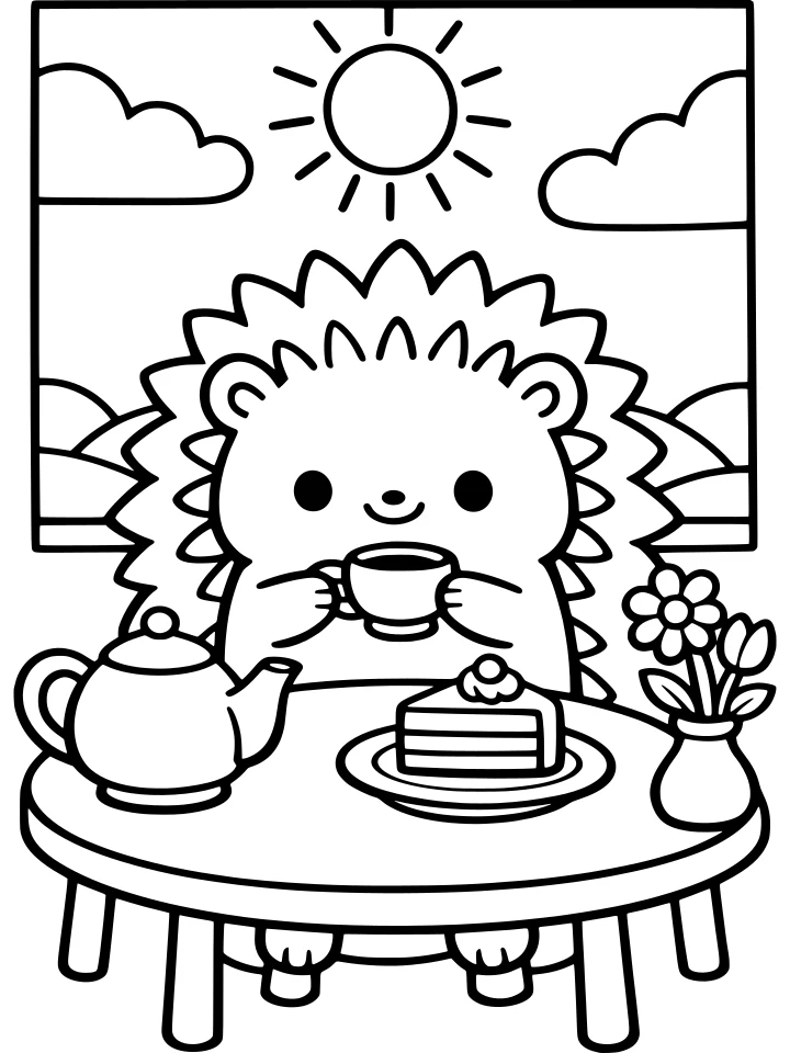 Hedgehog Tea Party coloring page