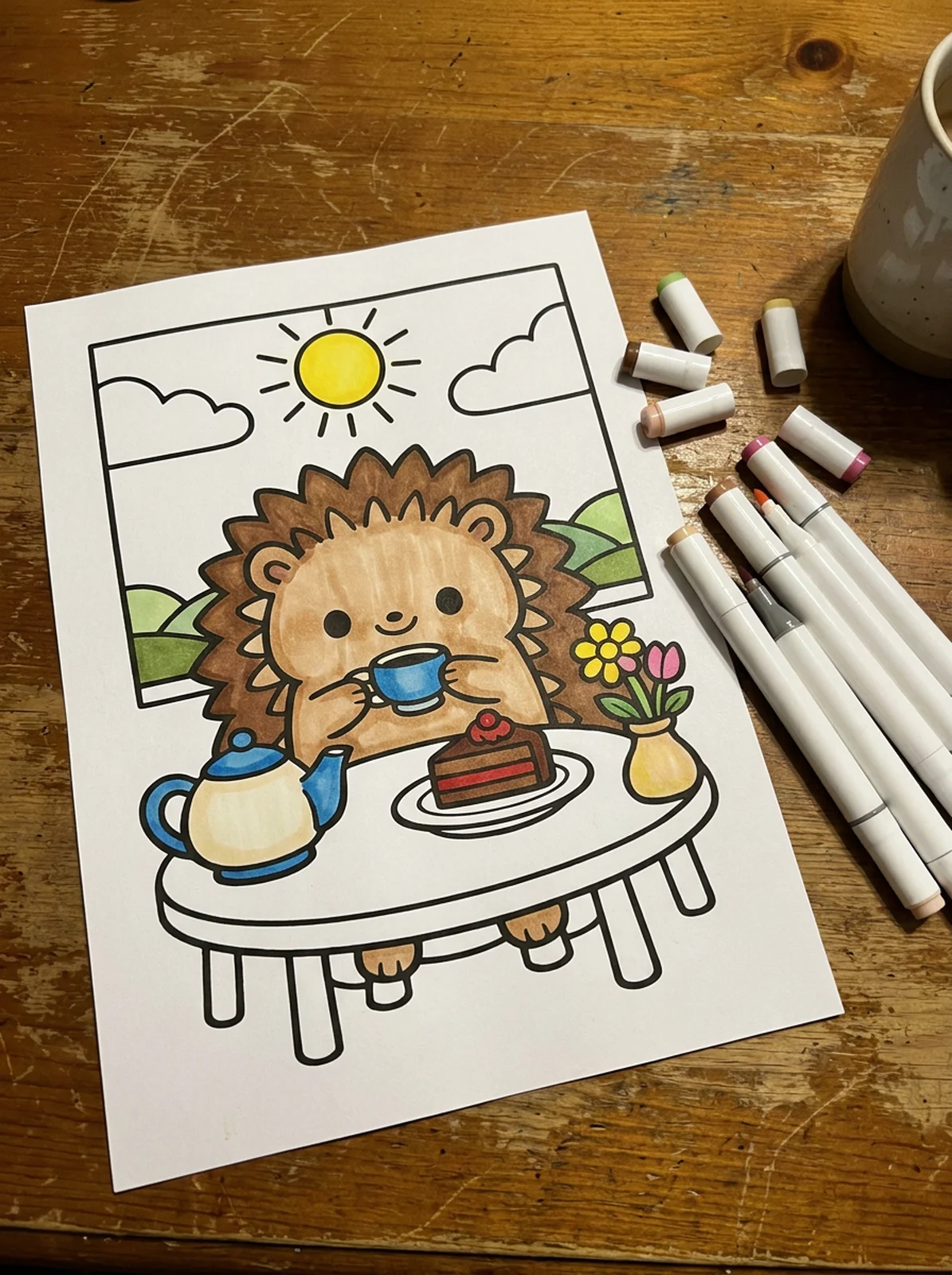 Hedgehog Tea Party coloring page printed and half colored with markers