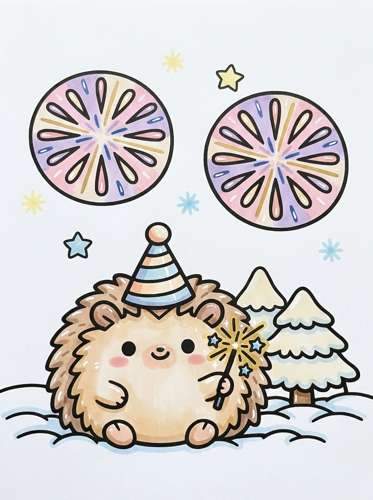 Hedgehog with a Sparkler in the Snow coloring page, colored in