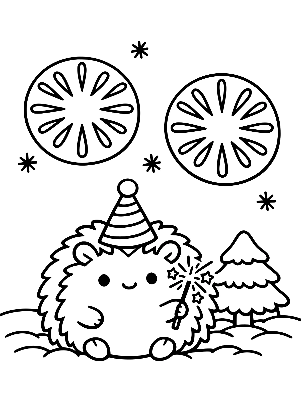Hedgehog with a Sparkler in the Snow coloring page: a round hedgehog in a party hat holds a sparkler in the snow beside two pine trees, with two big fireworks lighting the sky, bold and easy line art