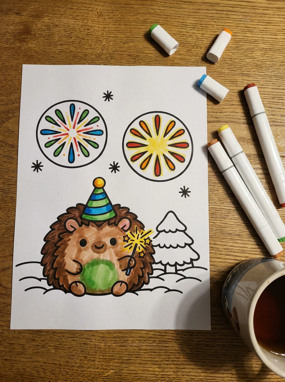 Hedgehog with a Sparkler in the Snow coloring page printed and half colored with markers