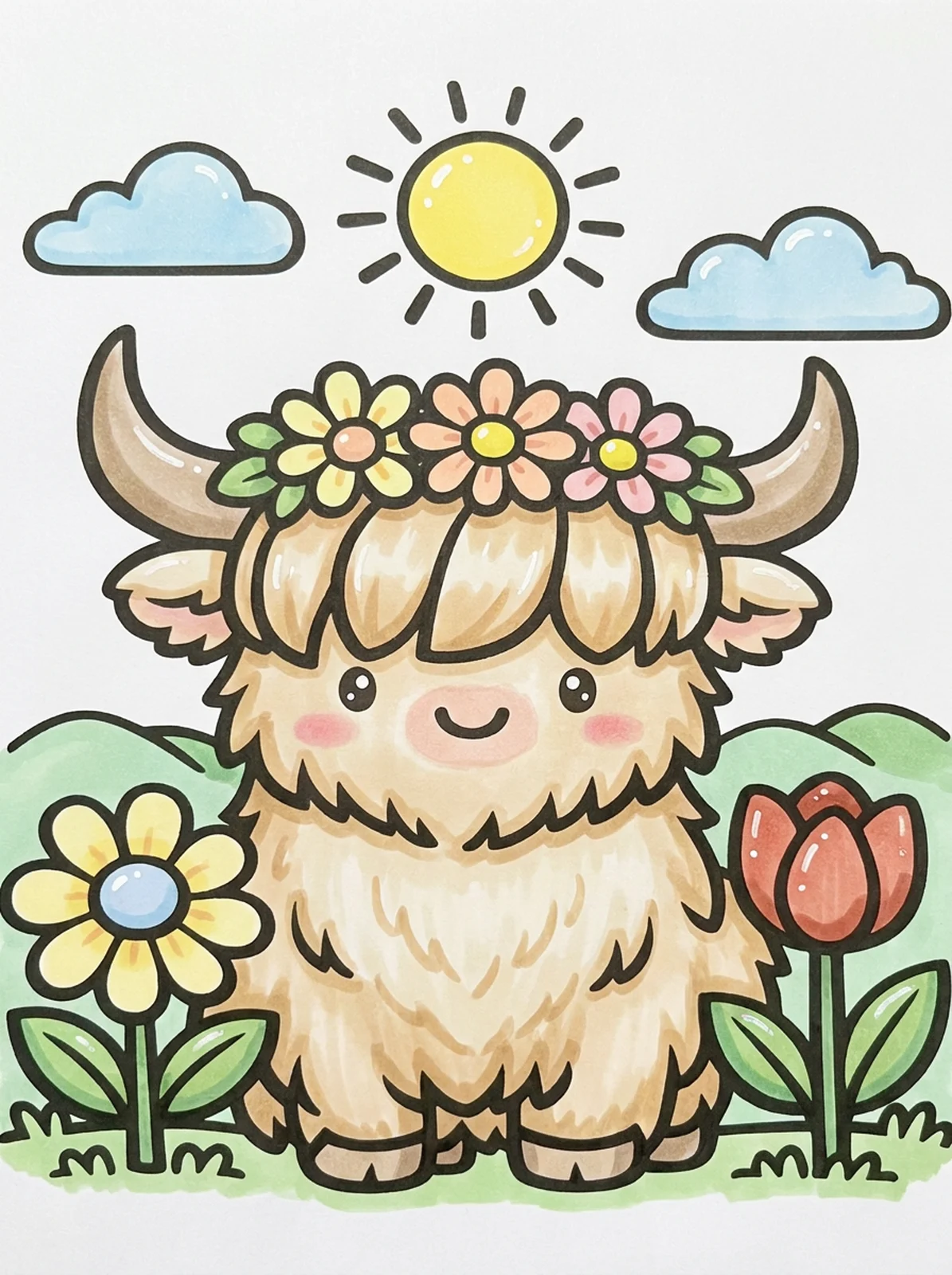 Highland Cow with a Flower Crown coloring page, colored in