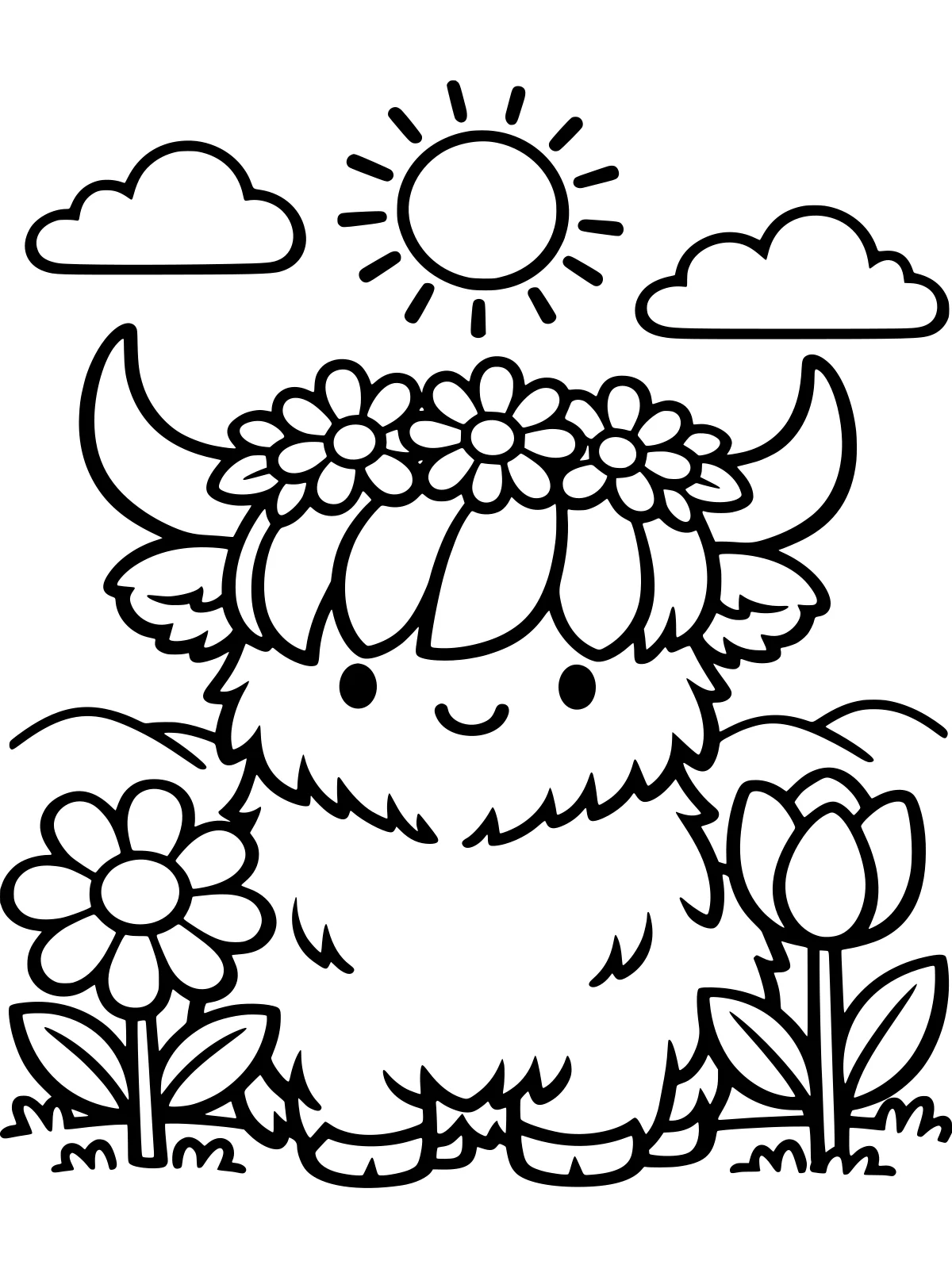 Highland Cow with a Flower Crown coloring page: a fluffy highland cow with long curved horns and a fringe of big locks wears a crown of big daisies, bold and easy line art