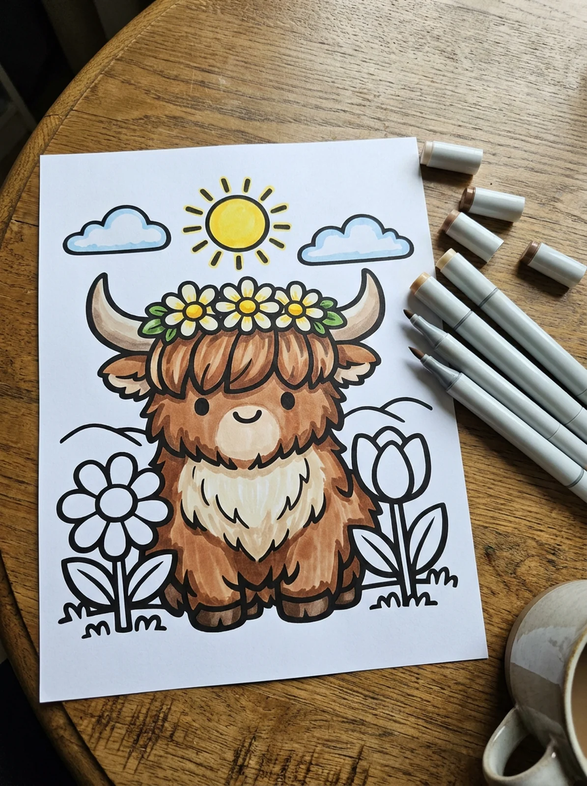 Highland Cow with a Flower Crown coloring page printed and half colored with markers